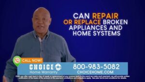 George Foreman smiles while holding a Choice Home Warranty pamphlet, standing in front of a house with a thumbs-up gesture.