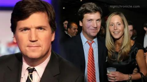 Portrait of Tucker Carlson, a TV personality and journalist, in a professional setting, possibly on a news set or during an interview.